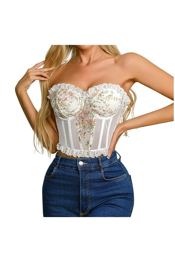 Women's Vintage Strapless Open Back Boned Mesh Bustier Floral Lace Corset Bodyshaper Y2K Crop Tank Top Party Bodice