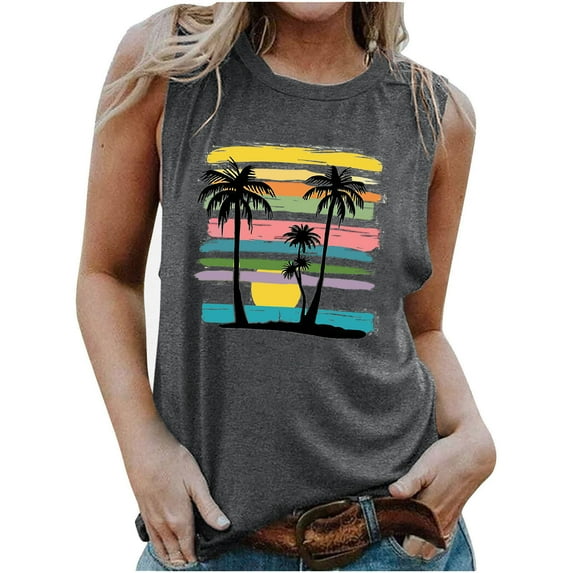 TDYHUAO Womens Beach Tank Tops Summer Sunset Palm Tree Graphic Hawaiian Vacation Casual Loose Sleeveless Tees Shirts for Women