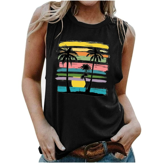 TDYHUAO Womens Beach Tank Tops Summer Sunset Palm Tree Graphic Hawaiian Vacation Casual Loose Sleeveless Tees Shirts for Women