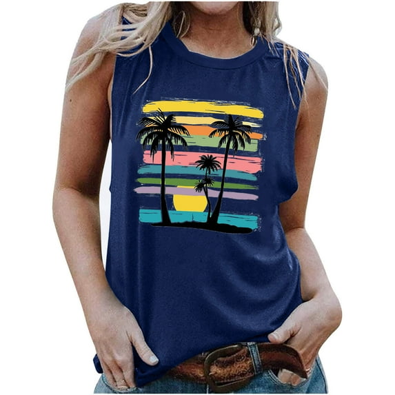 TDYHUAO Womens Beach Tank Tops Summer Sunset Palm Tree Graphic Hawaiian Vacation Casual Loose Sleeveless Tees Shirts for Women