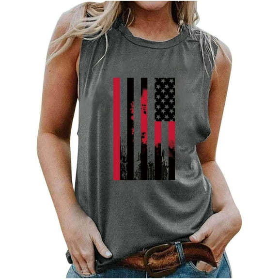 TDYHUAO Womens Crew Neck Tank Tops 4th of July American Flag Print Top Sleeveless Patriotic Tees Casual Cami Shirts Blouses