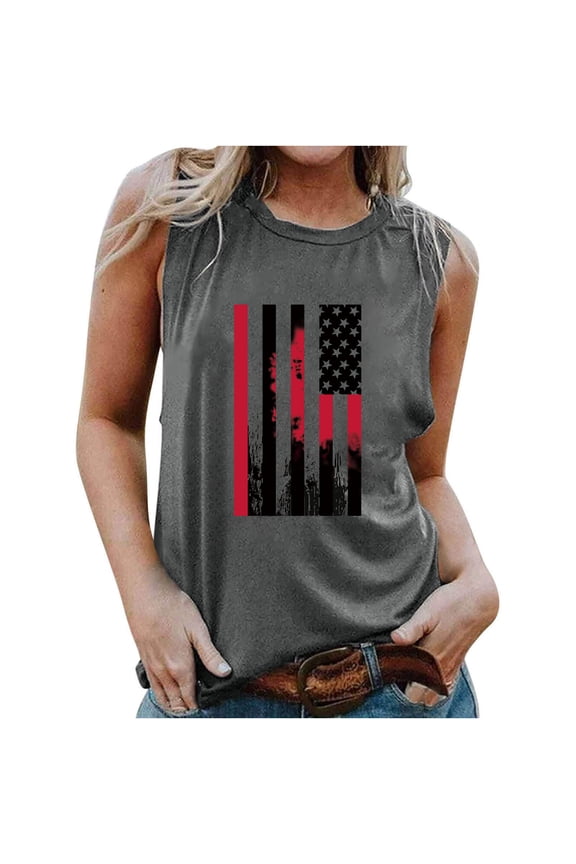 Womens Crew Neck Tank Tops 4th of July American Flag Print Top Sleeveless Patriotic Tees Casual Cami Shirts Blouses