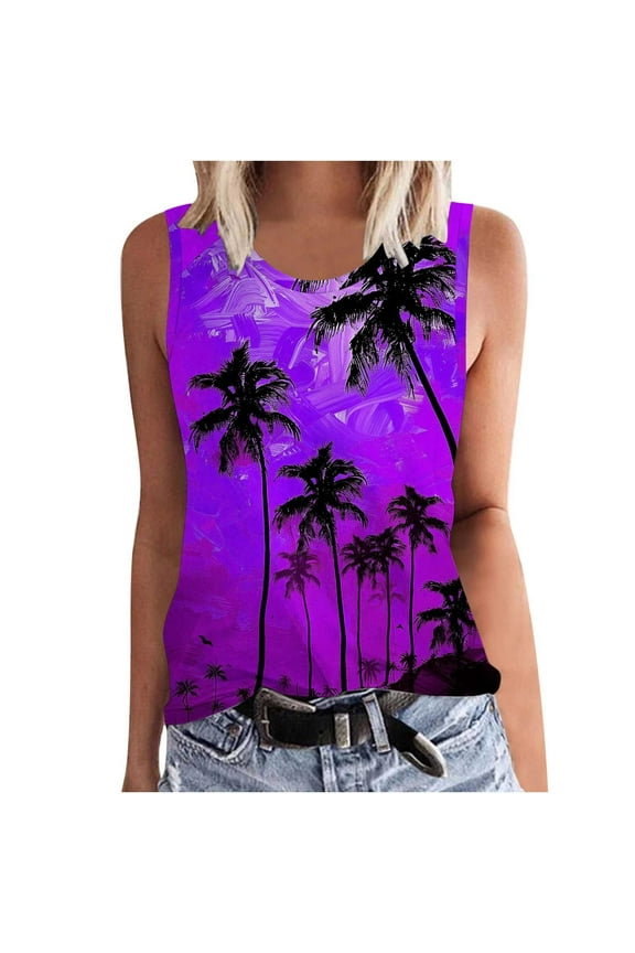 Womens Plus Size Tank Tops Summer Coconut Palm Print Sleeveless T-Shirts Vacation Beach Tops Casual Tunics Shirts