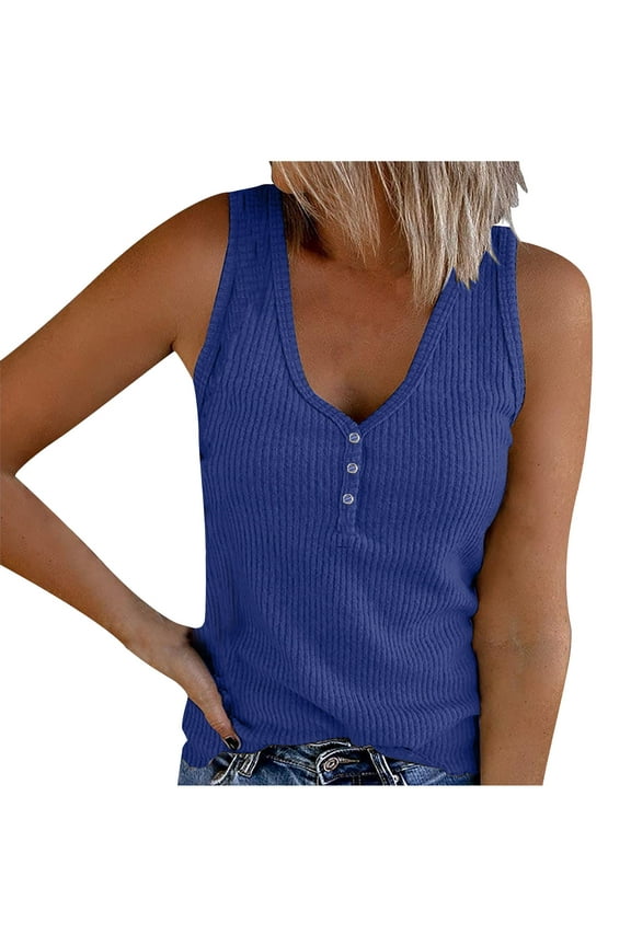 Womens Sleeveless Ribbed Knit Fitted Tank Tops V Neck Henley Button Basic Camis Cotton Shirts Summer Casual Tank Vest