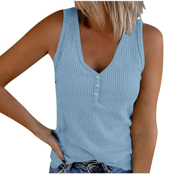 TDYHUAO Womens Sleeveless Ribbed Knit Fitted Tank Tops V Neck Henley Button Basic Camis Cotton Shirts Summer Casual Tank Vest