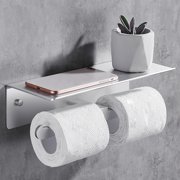 TDYU Toilet Paper Holder with Shelf Wall Mount, Dual Self Adhesive Roll Tissue Holder for Mobile Phone Storage, Aluminum Rustproof Commercial Toilet Paper Dispenser