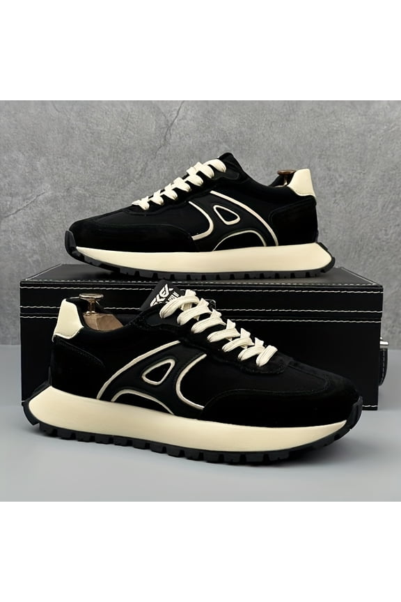 TE-Men's Chunky Platform Sneakers - with Beige/Brown/White/Black Color Options, Korean Streetwear Style, Thick-Soled Lace-Up/Slip-On Low-Top Shoes Cushioned Rubber Sole & -Season Traction for Skat+S