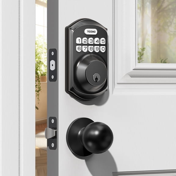 TE001K Keyless Entry Door Lock with Handle, Keypad Deadbolt with 2 Knobs, High- Front Door Handle Set for & Rental, -Locking, Easy Install, Matte Black