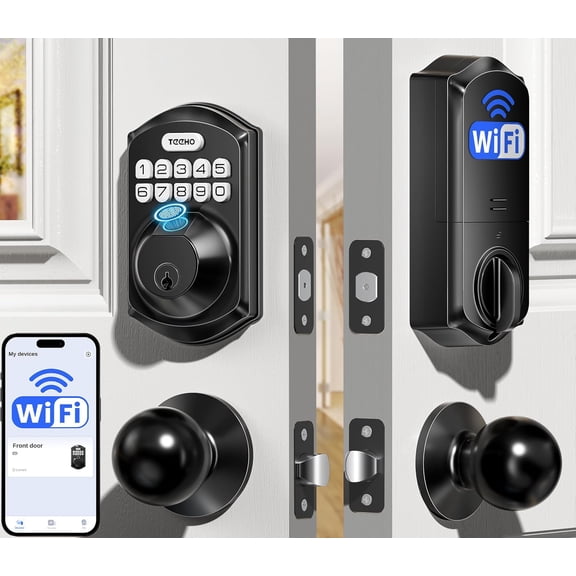 TE012W-K WiFi Keyless Entry Door Lock with Handle, Fingerprint Door Knob & Digital Keypad, APP Remote Control, Works with Alexa & , Deadbolt for Front Door, Matte Black
