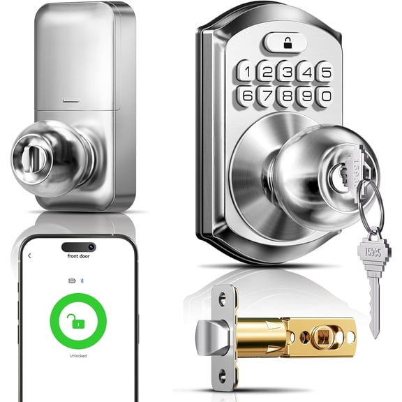 TE018 Smart Door Knob with Keypad, App Control, Keyless Entry Digtal Door Lock with Handle, Remote Share One-Time Code, Auto Lock, Easy Installation for Front Door, Bedroom, Rental, Satin Nickel