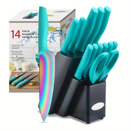 TEA27 Kitchen Knife Set DISHWASHER SAFE, 14pcs Rainbow Kitchen Knife Block Set, Titanium Cutlery Knife Set, Teal