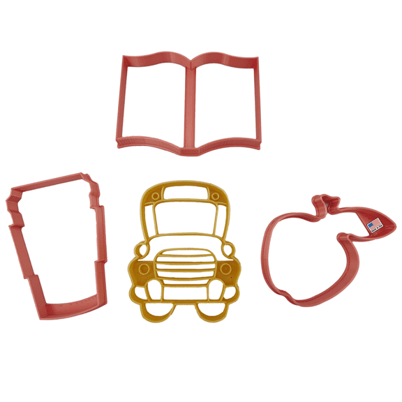 TEACHER COOKIE CUTTERS Education Themed Apple Coffee Latte Mocha Open Textbook Book And School Bus Cookie Cutters For First Day Of School Hundredth Day Teacher Aide Appreciation (4 Pack)