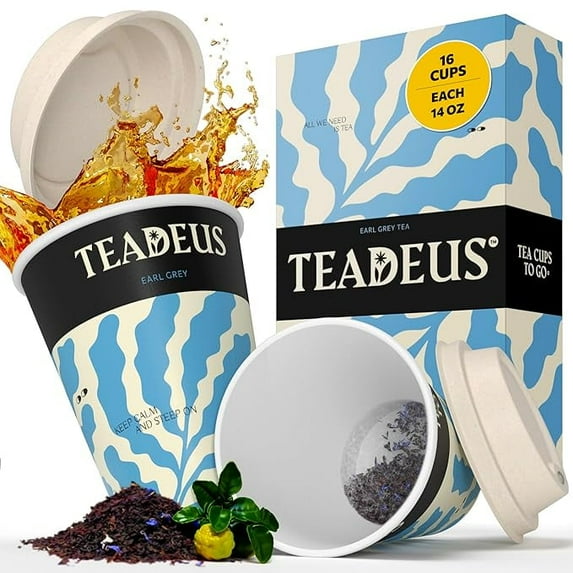 TEADEUS Earl Grey Tea in a Cup - 16 Eco-Friendly and Convenient Cups to Go with Organic Loose Leaf Tea, Enjoy Hot or Iced, for Home, Travel & Office