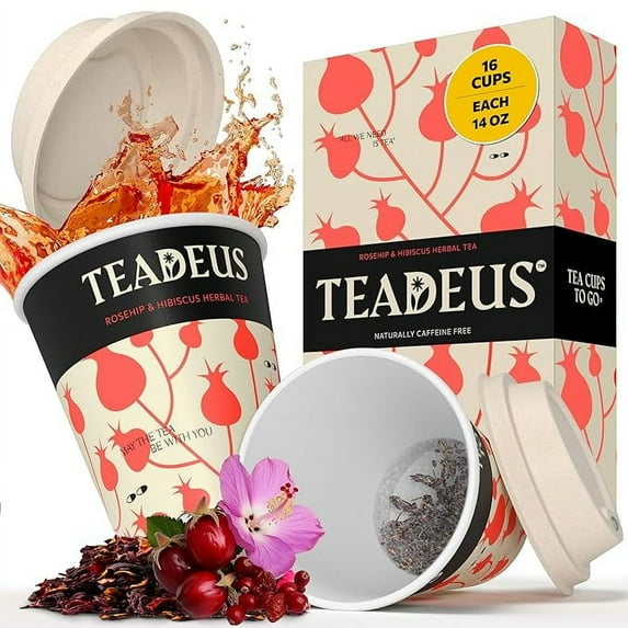 TeaDeus Rosehip and Hibiscus Herbal Tea Built in a Cup Christmas Gift 16 Eco Friendly and Convenient Cups to Go with Organic Loose Leaf Tea Enjoy Hot or Iced for Home Travel and Office