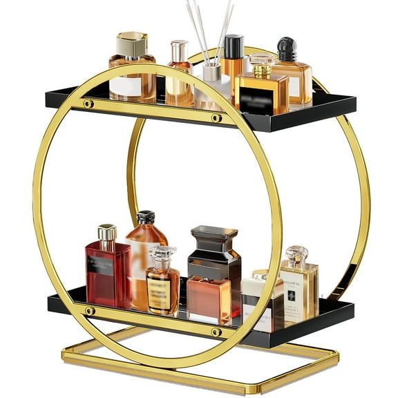 TEAFIRST 2 Tier Makeup Organizer, Lotion Perfume Organizer for Dresser, Carbon Steel, Gold