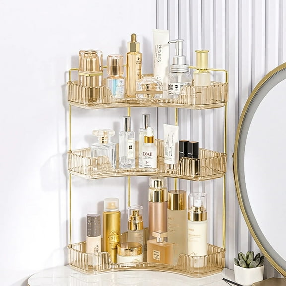TEAFIRST 3-Tier Makeup Organizer, Bathroom Corner Countertop Organizer Space Saving waterproof Gold