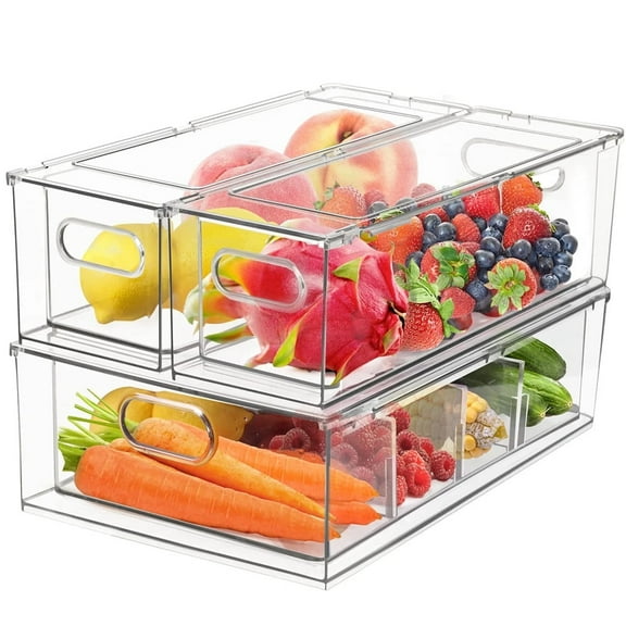 TEAFIRST 3pcs Food Storage Box, Refrigerator Bins,  Organizer Rack for Fridge Kitchen Pantry, Clear