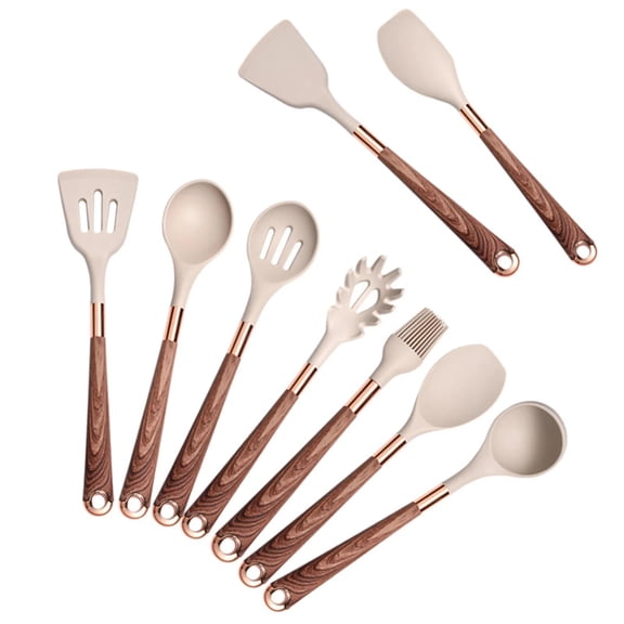 TEAFIRST 9 pcs Kitchen Utensils Set, Silicone Cooking Utensils Set Heat Resistance for Kitchen Brown