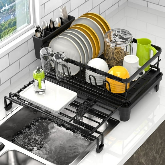 TEAFIRST Extendable Drying Rack, Over Sink Stainless Steel Drainboard, Adjustable Multipurpose Black