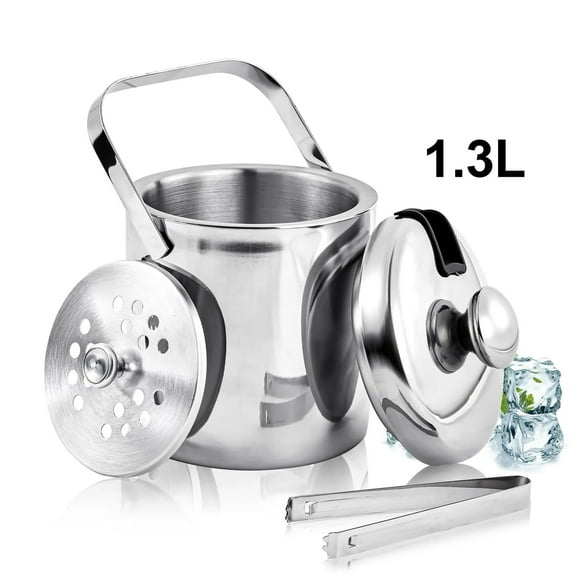 TEAFIRST Ice Bucket, 1.3L Small Stainless Steel, Double Wall Insulated with Lid & Tongs, Silver