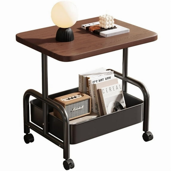 TEAFIRST Rolling Side Table with Storage Shelf Wood Top & Metal Frame for Living Room, Bedroom