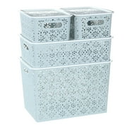 TEAFIRST Set of 4 Storage Bins, Organizer Container with Lids Stackable for Bathroom, Plastic, Blue