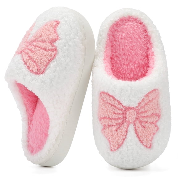 TEAHOO Toddler Girls Cute Bow Indoor Bedroom Slippers Non-Slip Warm House Slippers White Bow Toddler 8