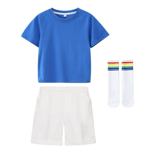TEAJOPSUU 1-12Y Girl'S Outfits Loose Casual Short Set Summer Round Neck Short Sleeved Tshirt+Elastic Waist Shorts+Socks 3 Piece Performance Outfits A-Blue