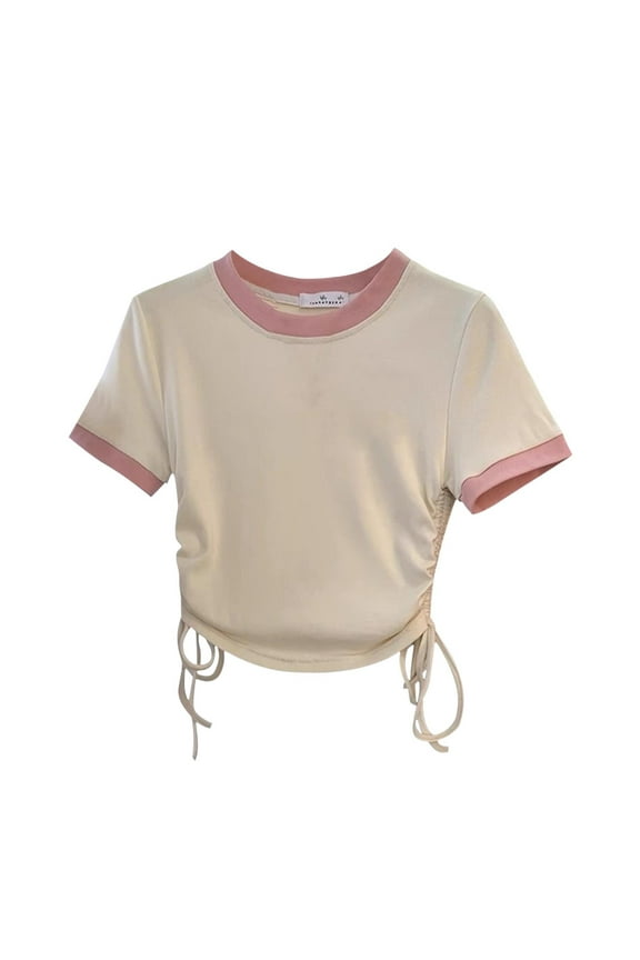 2-13Y Girls Summer Tops Short Sleeved Contrast Trim Cute Tops with Side Waist Drawstrings for Toddler Tween Girls Beige