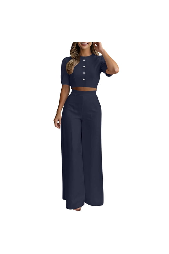 2 Piece Sets for Women Slim Round Neck Short Sleeve Button Down Crop Shirts Loose Fit High Wasit Wide Leg Palazzo Pants Sets Matching Outfits Navy