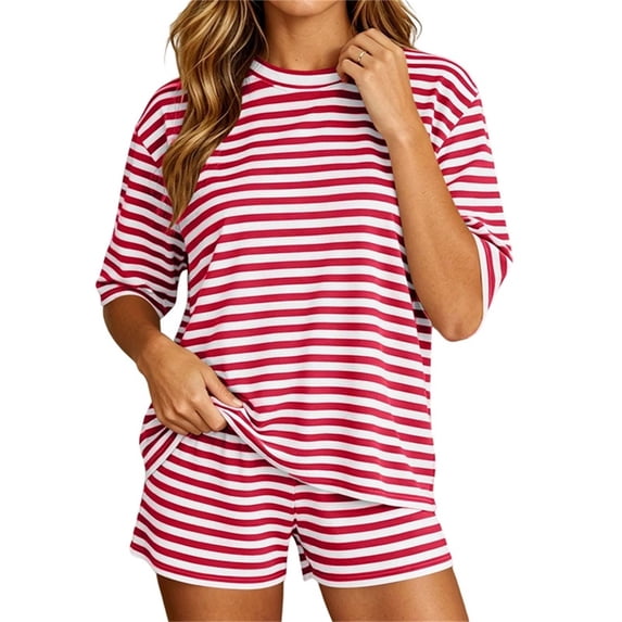 TEAJOPSUU 2 Piece Striped Sets for Women Loose Fit Short Sleeve Crew Neck and Pull-On Shorts Sets Casual Loungewear Outfit Sets Red
