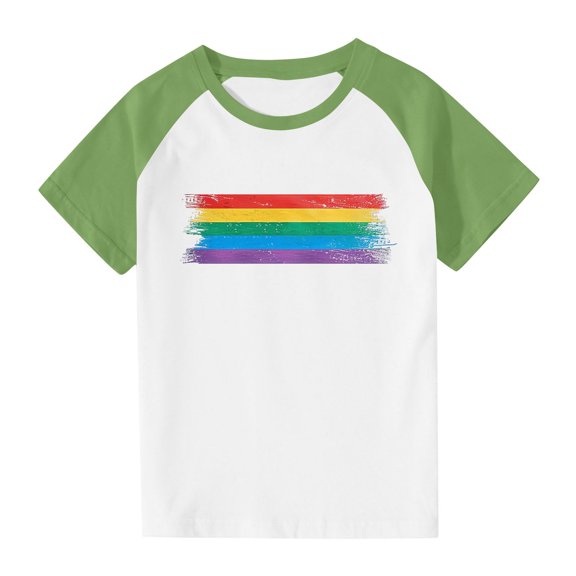TEAJOPSUU 3-15 Years Boys Girls Tshirt Casual Raglan Tees Crew Neck Tunic Top Summer Soft Cute Rainbow Stripes Short Sleeve Blouse A-Green