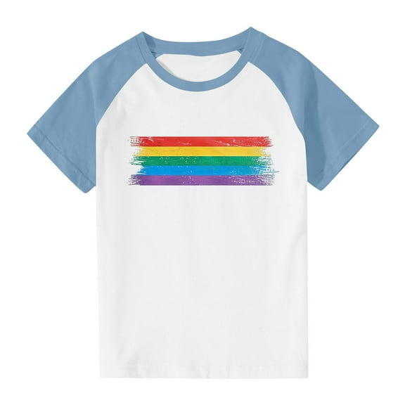 TEAJOPSUU 3-15 Years Boys Girls Tshirt Casual Raglan Tees Crew Neck Tunic Top Summer Soft Cute Rainbow Stripes Short Sleeve Blouse A-Light Blue