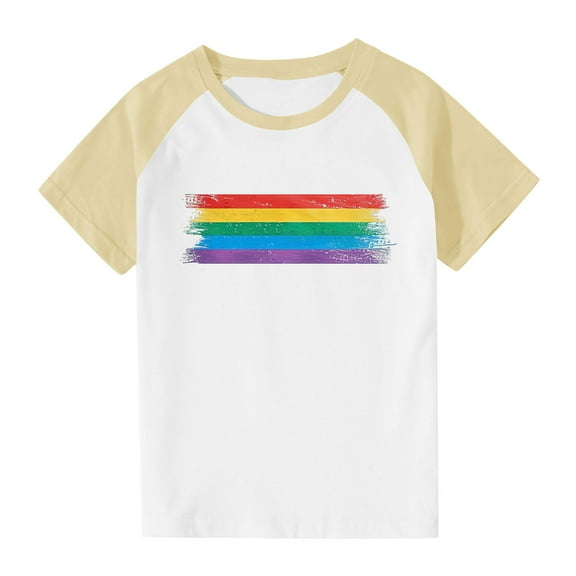 TEAJOPSUU 3-15 Years Boys Girls Tshirt Casual Raglan Tees Crew Neck Tunic Top Summer Soft Cute Rainbow Stripes Short Sleeve Blouse A-Yellow