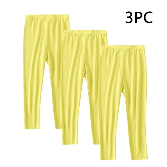 TEAJOPSUU 3 Pack Girls Cotton Leggings Full Length Soft Cozy Leggings Elastic Waistband Stretchy Footless Tights Pants E-Yellow