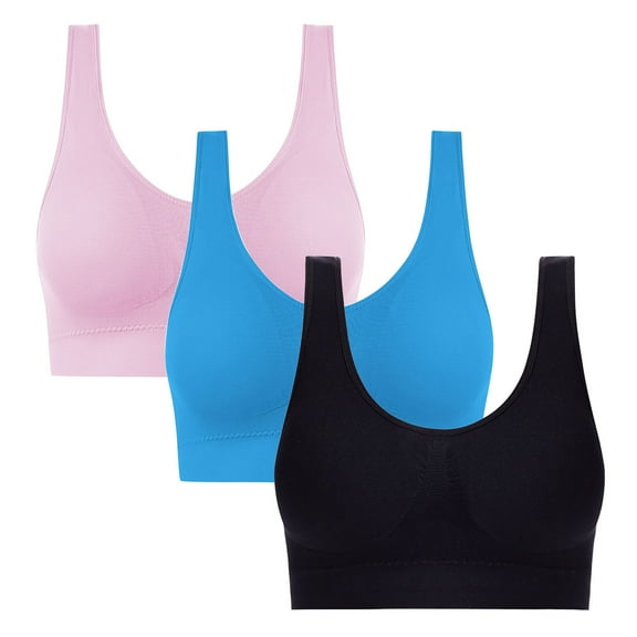 TEAJOPSUU 3 Pack Women's Comfort Workout Sports Bra Seamless Support Comfort Bras Stretch Wireless Tank Tops Bras Push Up Full Coverage Bras for Gym Ereryday B-Black