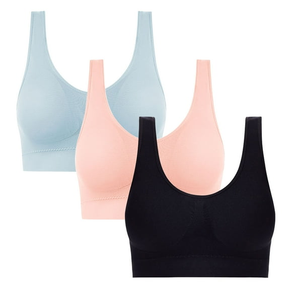 TEAJOPSUU 3 Pack Women's Comfort Workout Sports Bra Seamless Support Comfort Bras Stretch Wireless Tank Tops Bras Push Up Full Coverage Bras for Gym Ereryday D-Black