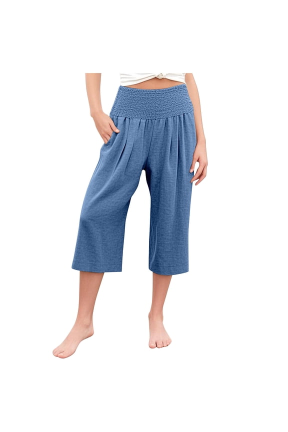 4-14Y Girls Cotton Linen Capri Pants Kids Summer Preppy Cropped Lounge Pants Loose Lightweight Smocked Elastic Waist Trousers with Pockets A-Navy