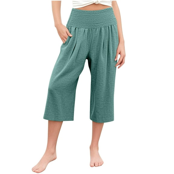 TEAJOPSUU 4-14Y Girls Cotton Linen Capri Pants Kids Summer Preppy Cropped Lounge Pants Loose Lightweight Smocked Elastic Waist Trousers with Pockets B-Green