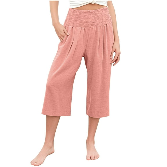 TEAJOPSUU 4-14Y Girls Cotton Linen Capri Pants Kids Summer Preppy Cropped Lounge Pants Loose Lightweight Smocked Elastic Waist Trousers with Pockets B-Pink