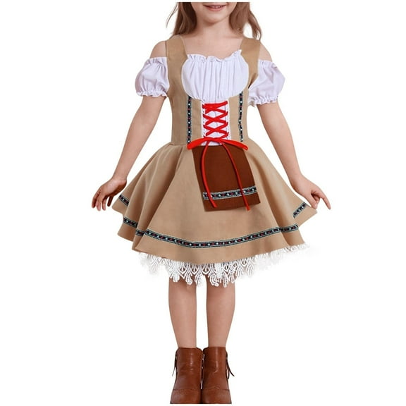TEAJOPSUU 4-16Y Girls Oktoberfest Dresses Traditional Long Sleeve Bavarian Dirndl Dresses German Beer Fastival Dress Round Neck Ankle Dress Brown