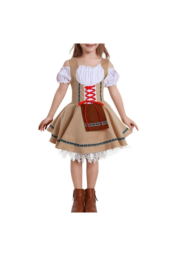 4-16Y Girls Oktoberfest Dresses Traditional Long Sleeve Bavarian Dirndl Dresses German Beer Fastival Dress Round Neck Ankle Dress Brown