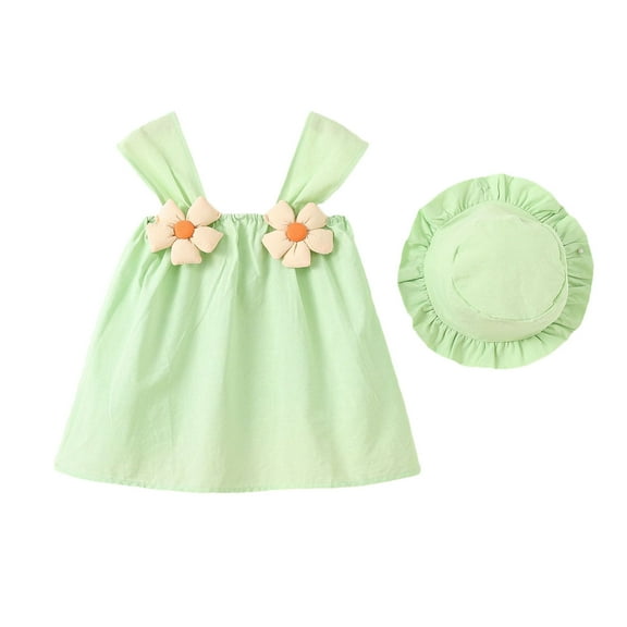 TEAJOPSUU 6M-3Y Baby Girl Clothes Infant Toddler Summer Dress Girls' Clothing Set Casual Sleeveless Bow Printed Sundress with Sun Hat Sweet Kids Outfits D-Green