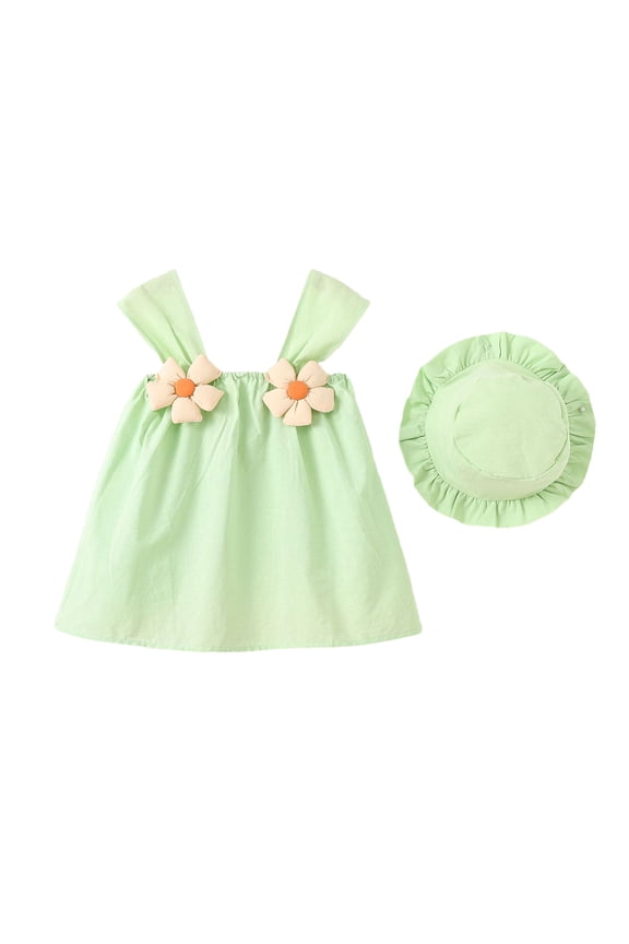 6M-3Y Baby Girl Clothes Infant Toddler Summer Dress Girls' Clothing Set Casual Sleeveless Bow Printed Sundress with Sun Hat Sweet Kids Outfits D-Green