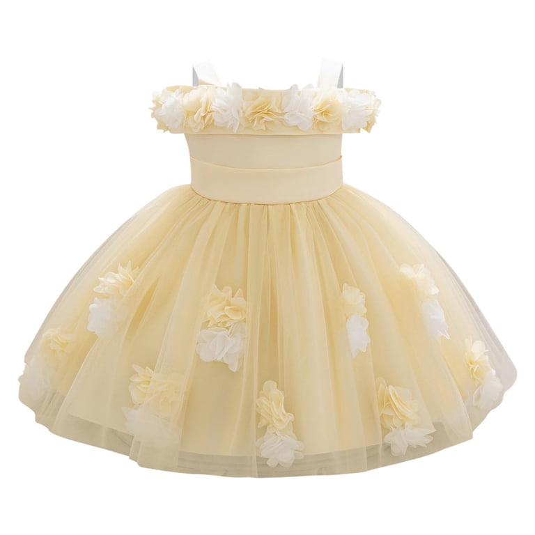 TEAJOPSUU 6M-3Y Baby Girls Christening Dress Round Neck Sleeveless Tailcoat  Skirt Embroidered Lace High Low Princess Dresses Wedding Birthday Pageant  Tutu Gown H-Yellow