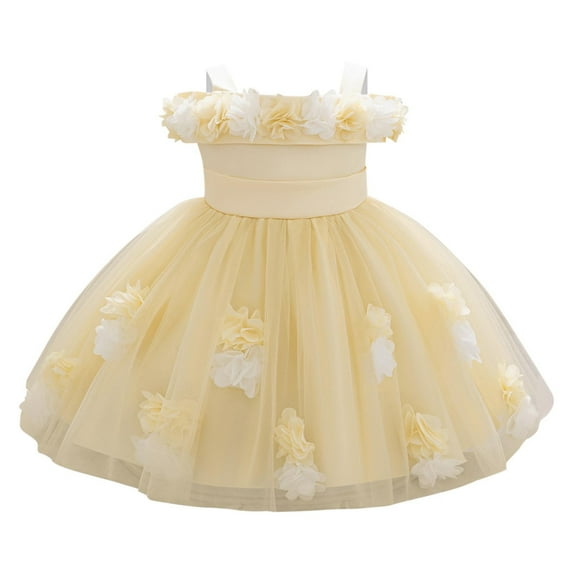 TEAJOPSUU 6M-3Y Baby Girls Christening Dress Round Neck Sleeveless Tailcoat Skirt Embroidered Lace High Low Princess Dresses Wedding Birthday Pageant Tutu Gown H-Yellow