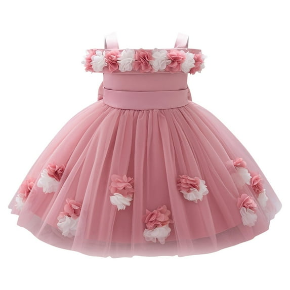 TEAJOPSUU 6M-3Y Baby Girls Christening Dress Round Neck Sleeveless Tailcoat Skirt Embroidered Lace High Low Princess Dresses Wedding Birthday Pageant Tutu Gown H-Pink