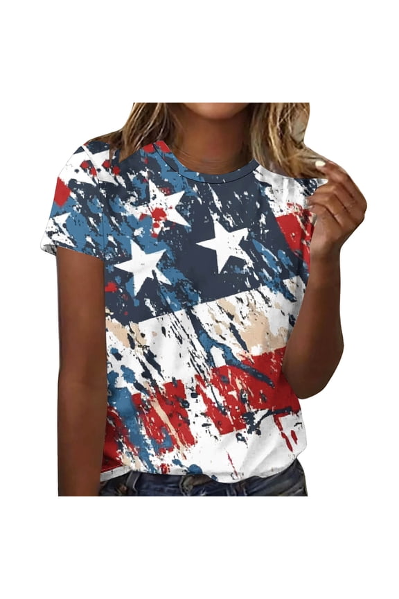 American Flag T Shirt Women USA Star Stripes Fourth July Tee Shirts Casual America Flag Print Crew Neck Tee Tops H-Red