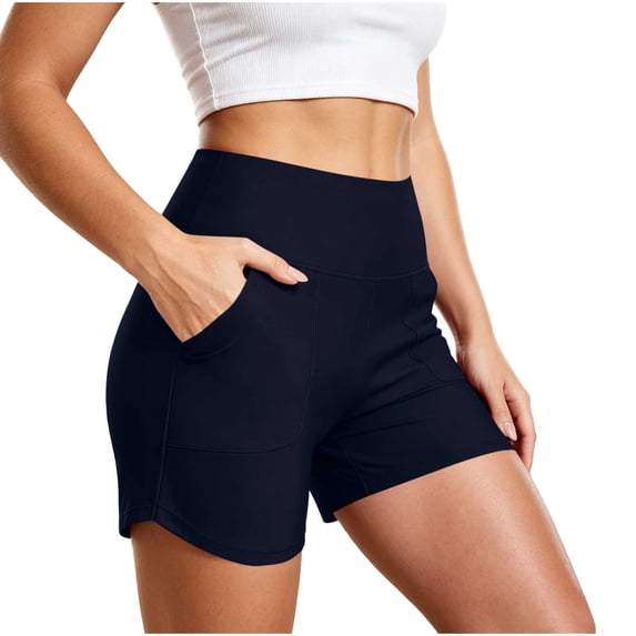 TEAJOPSUU Athletic Shorts for Women with Pockets Stretchy High Waisted Yoga Shorts Tummy Control for Workout Running Dark Blue