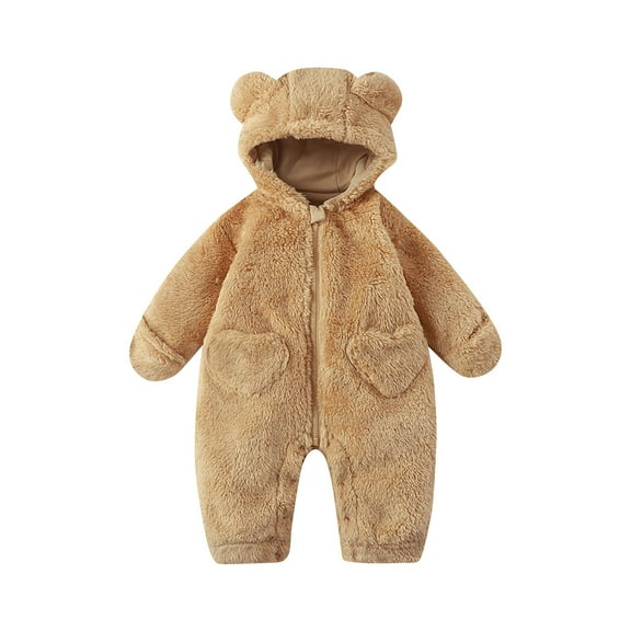 TEAJOPSUU Baby Girls Boys Bear Fleece Outfit Newborn Zip Up Fluffy Jumpsuit Winter Warm Onesie Snowsuit Thick Hooded Romper Jumpsuit B-Coffee